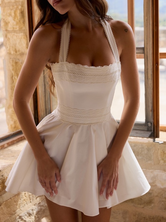 House of CB Dresses & Skirts - House of CB Cosette White Broderie Anglaise Cotton Halter Neck Mini Dress